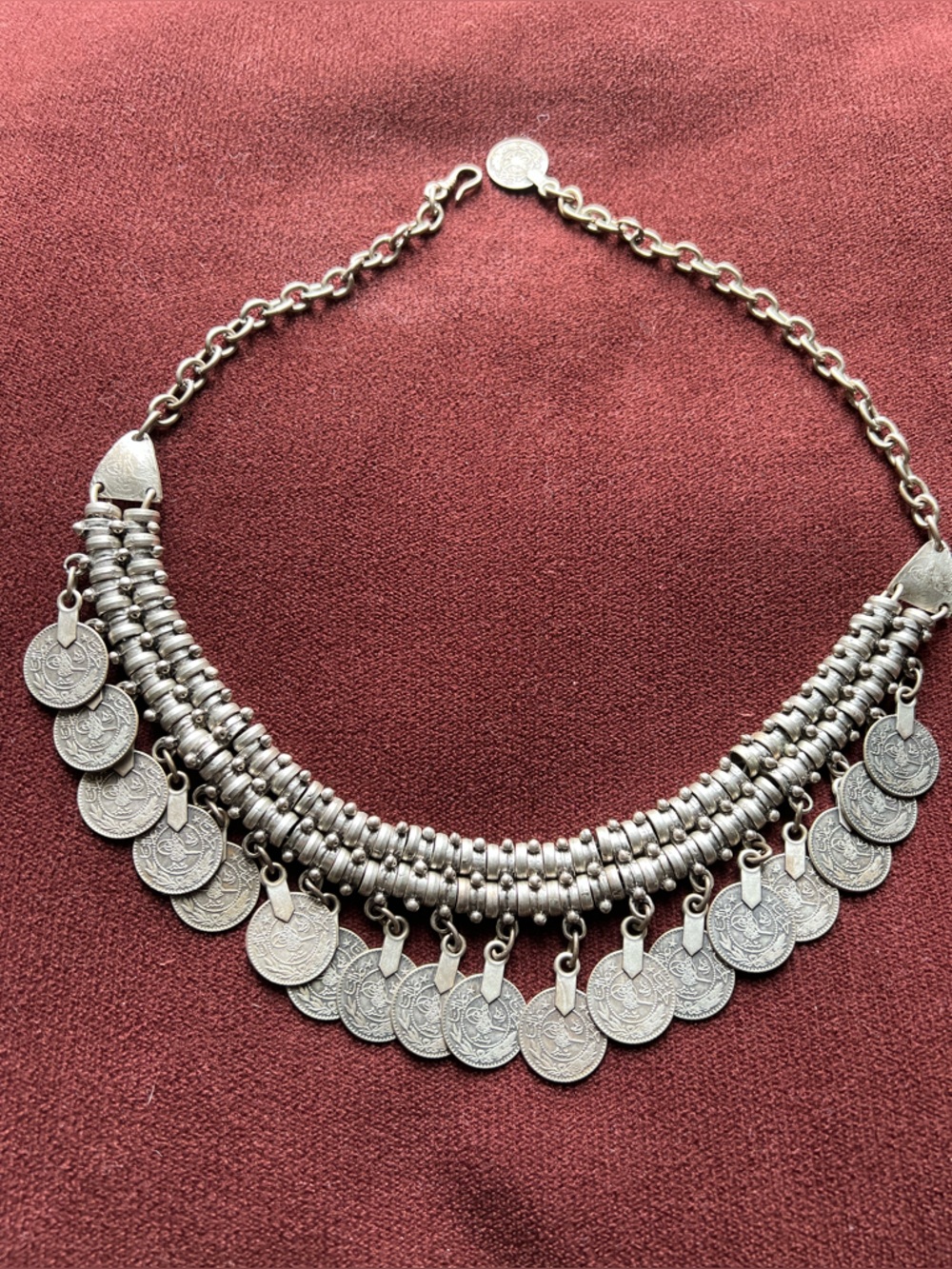 Chanour Antiqued Silver Coin Drop Bib Statement Necklace | Handmade Turkish